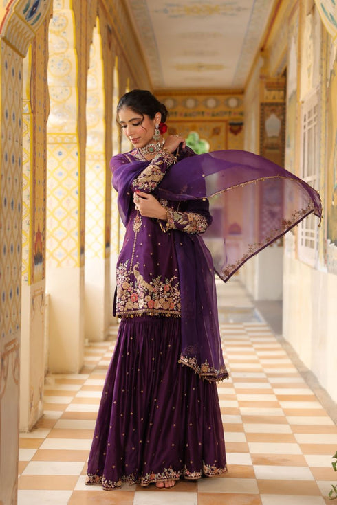 Ahista purple mayur applique heavy sharara set
