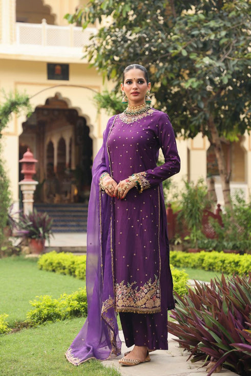 Ahista purple mayur applique long kurta set