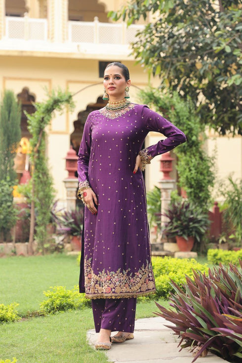 Ahista purple mayur applique long kurta set