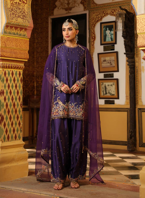 Ahista purple mayur applique short kurta set