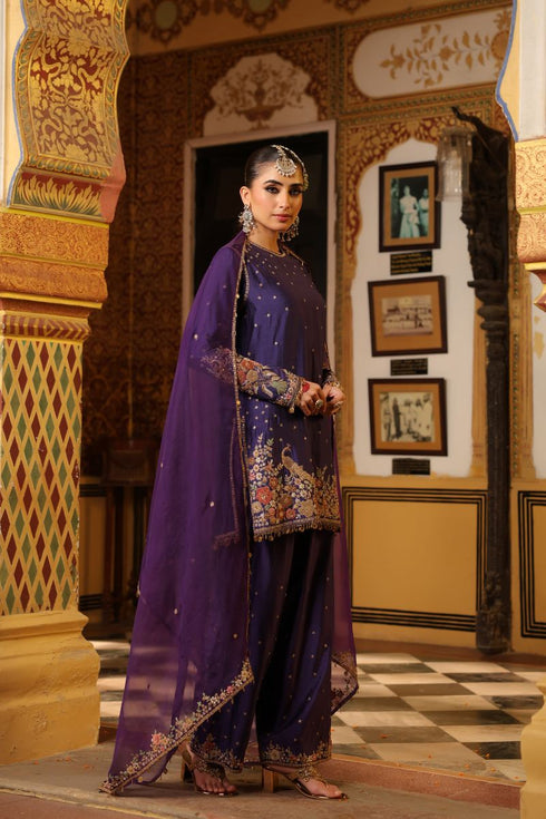 Ahista purple mayur applique short kurta set