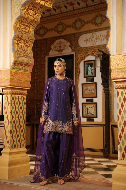 Ahista purple mayur applique short kurta set