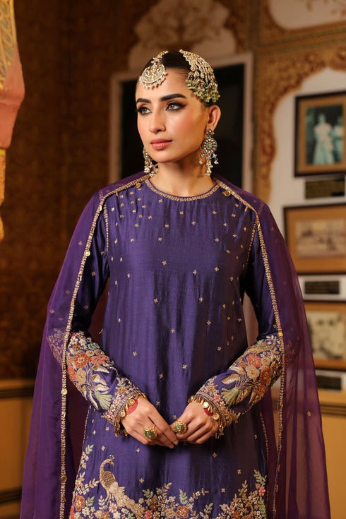 Ahista purple mayur applique short kurta set