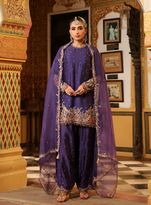 Ahista purple mayur applique short kurta with heavy dupatta set