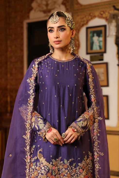 Ahista purple mayur applique short kurta with heavy dupatta set