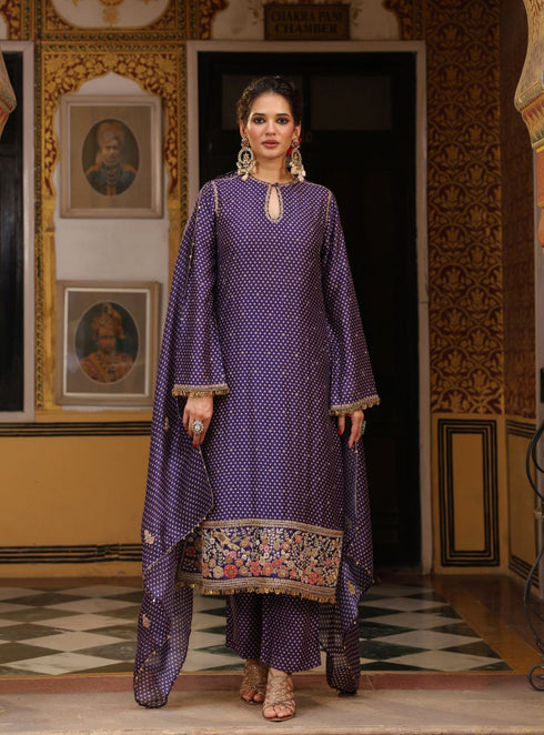 Ahista purple printed mayur applique long kurta set