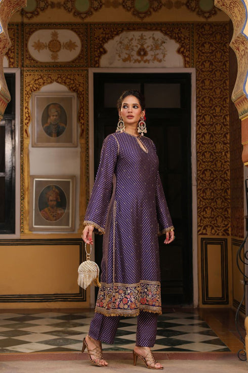 Ahista purple printed mayur applique long kurta set