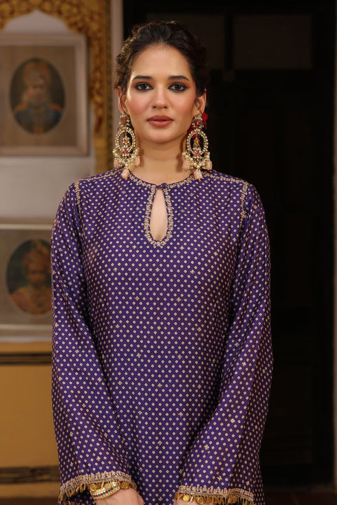 Ahista purple printed mayur applique long kurta set