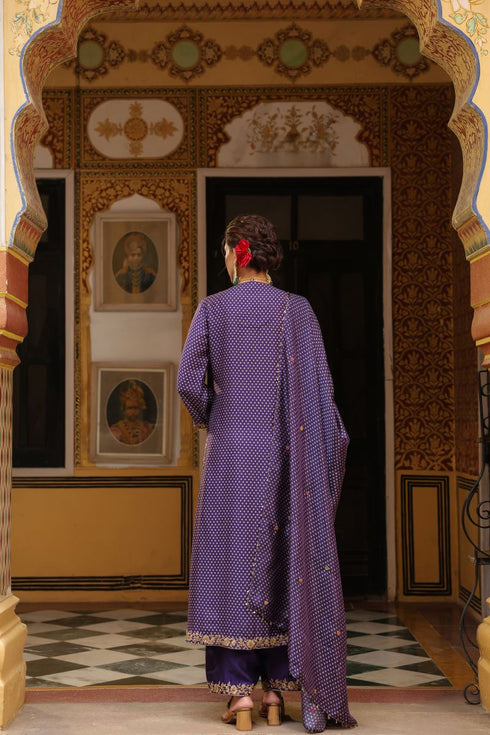 Ahista purple printed pakhi yoke heavy straight kurta set