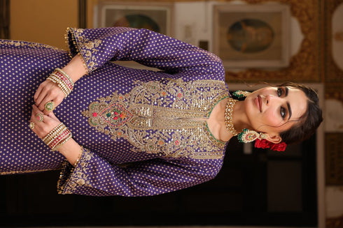 Ahista purple printed pakhi yoke heavy straight kurta set