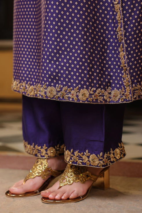 Ahista purple printed pakhi yoke heavy straight kurta set