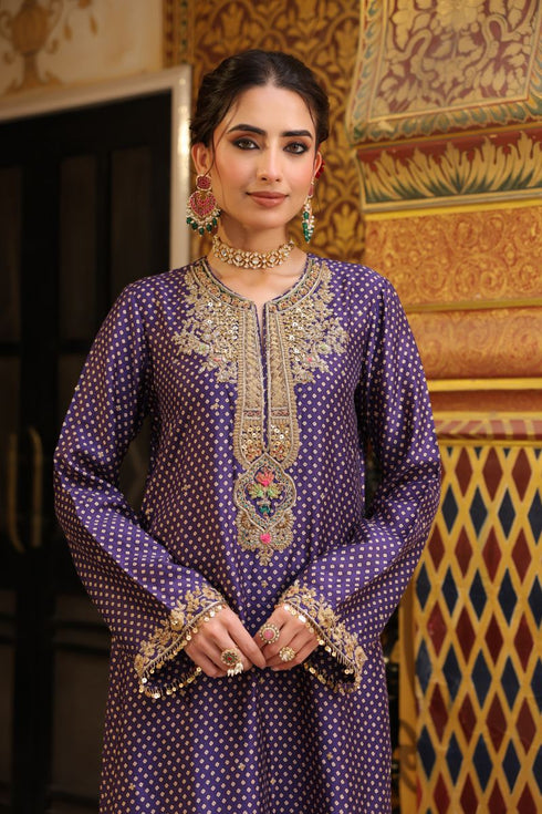 Ahista purple printed pakhi yoke straight kurta set