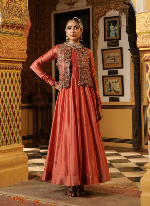Ahista rose pink jacket kalidaar set