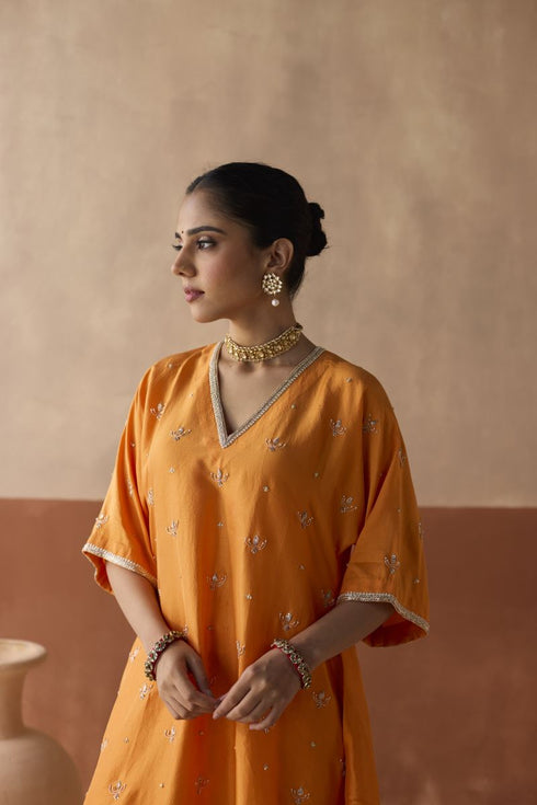 All over lotus butti marigold kaftan set