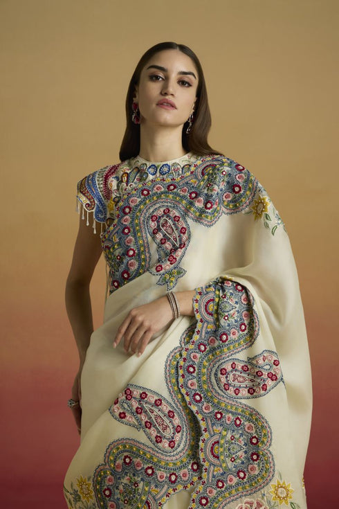 Amaryllis ivory cordwork paisely sari