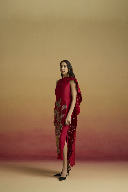 Amaryllis red drape detail straight dress