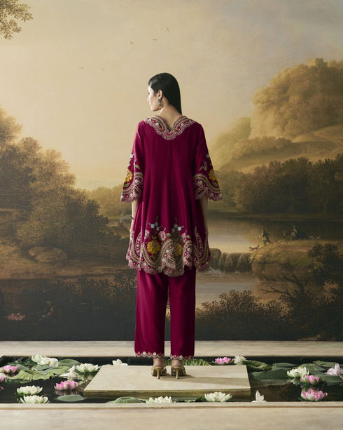 Amber cherry red contrast cordwork flared short kurta with tulip pants