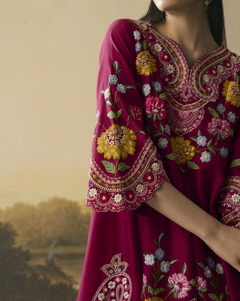Amber cherry red contrast cordwork flared short kurta with tulip pants