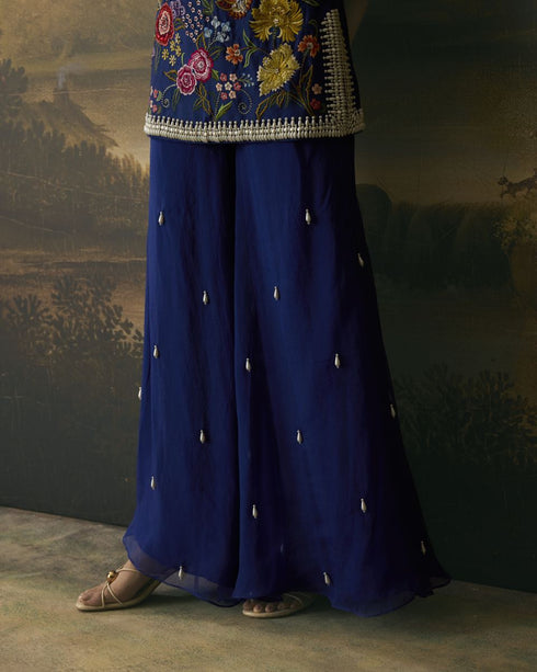 Amber cobalt blue floral bloom short kurta with sharara