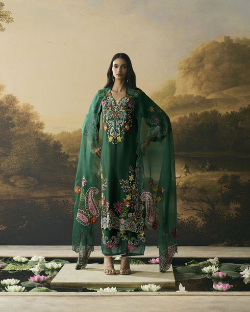Amber emerald green contrast floral cordwork kurta with pants