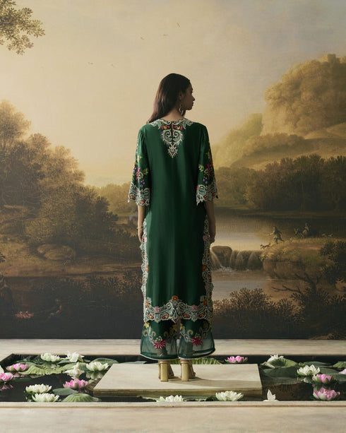 Amber emerald green contrast floral cordwork kurta with pants