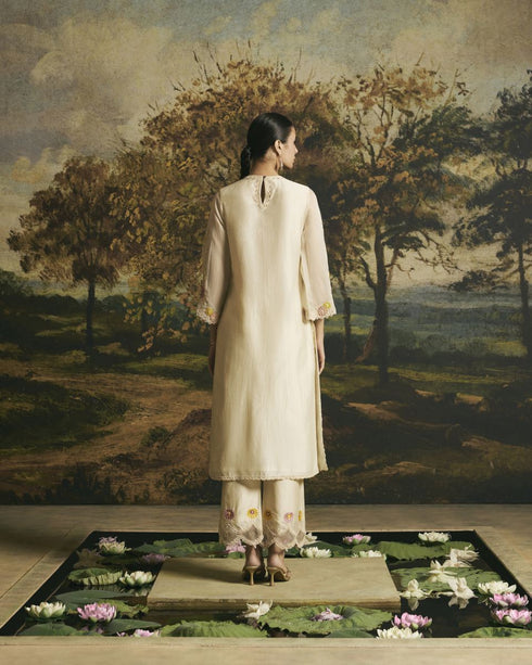 Amber ivory beadwork panelled kurta with pants
