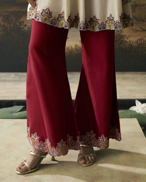 Amber ivory contrast paisley flared short kurta with bell bottom pants