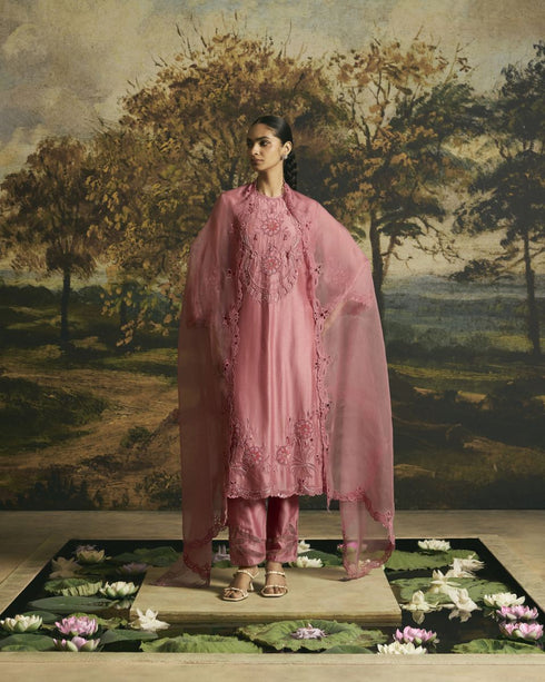 Amber pink cutwork and beadwork kurta with narrow pants