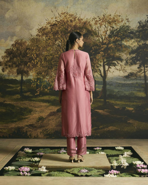 Amber pink cutwork and beadwork kurta with narrow pants