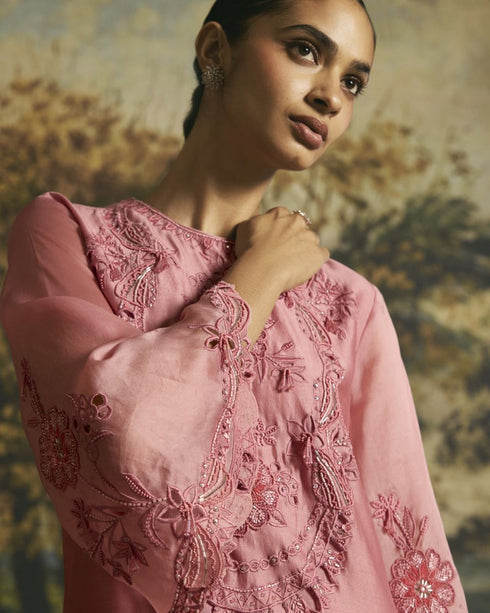 Amber pink cutwork and beadwork kurta with narrow pants