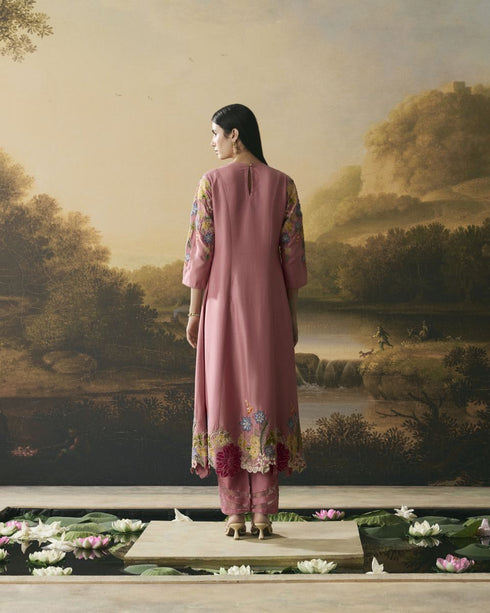 Amber pink floral medley flared kurta with narrow pants