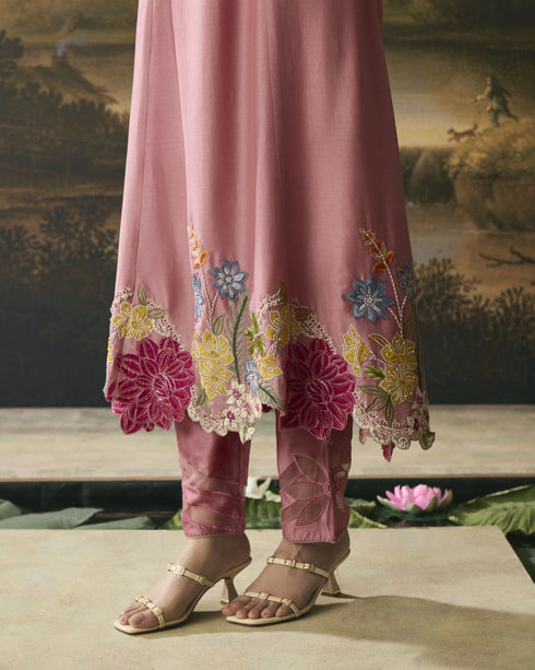 Amber pink floral medley flared kurta with narrow pants