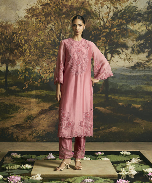 Amber pink cutwork and beadwork kurta with narrow pants