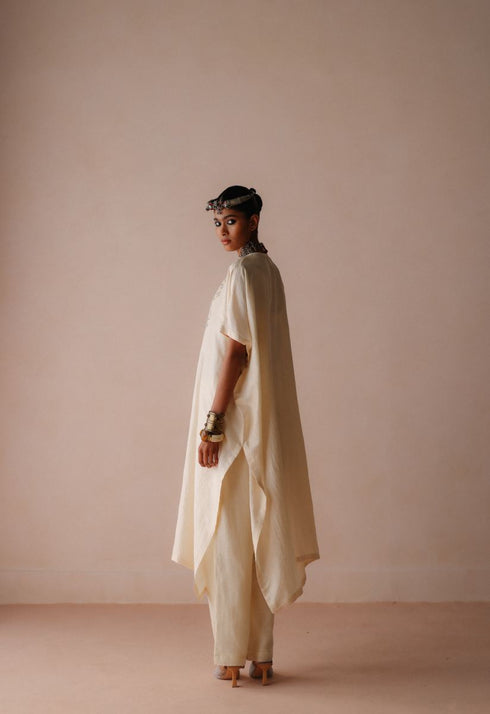 Ambi ivory silk kaftan set