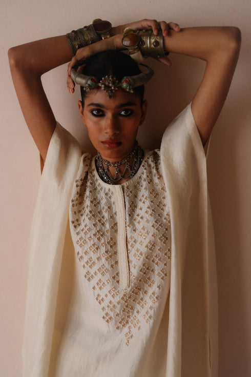 Ambi ivory silk kaftan set