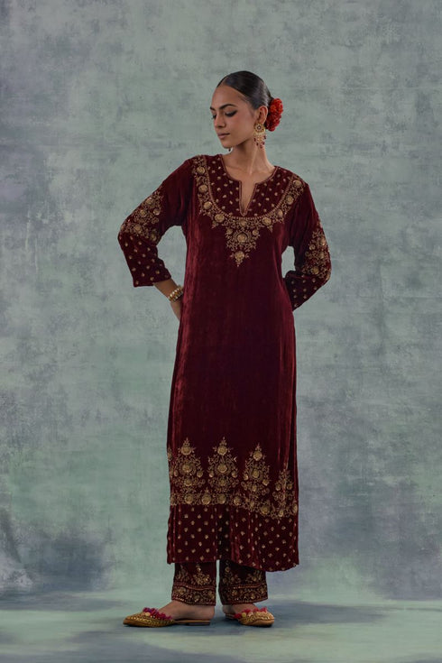 Ambika deep maroon straight long kurta set