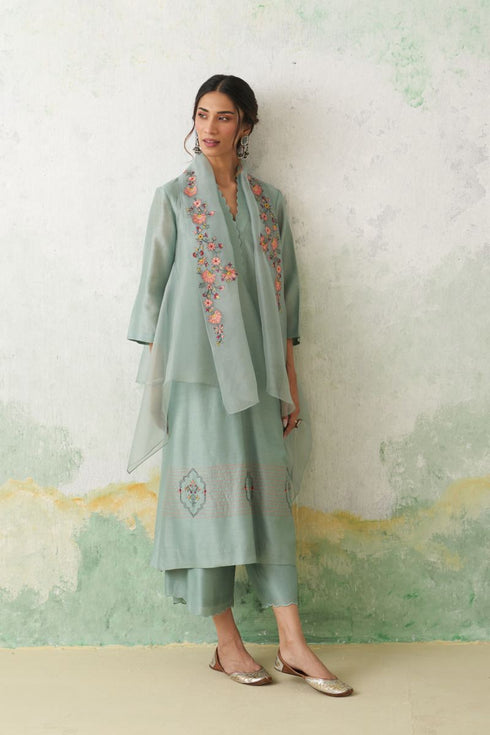 Aqua chanderi kashmiri embroidered kurta set