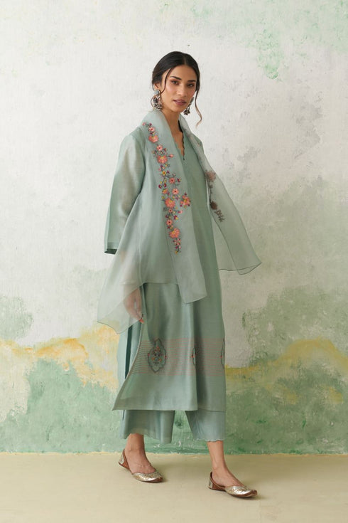 Aqua chanderi kashmiri embroidered kurta set