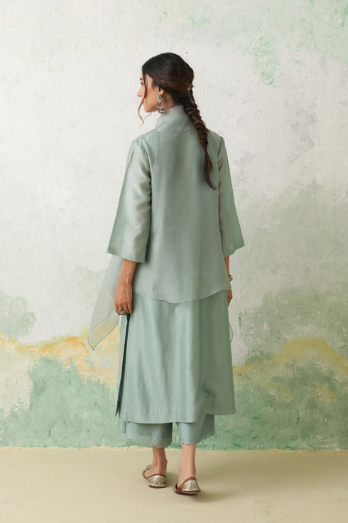 Aqua chanderi kashmiri embroidered kurta set