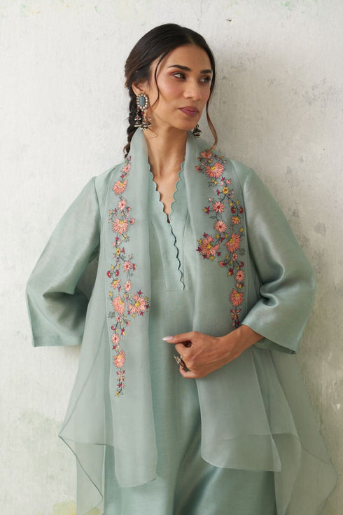 Aqua chanderi kashmiri embroidered kurta set