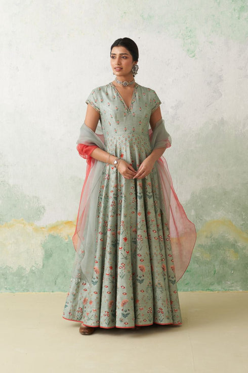 Aqua dupion printed and embroidered anarkali set