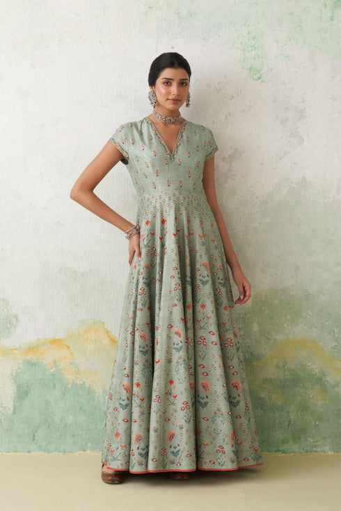 Aqua dupion printed and embroidered anarkali set