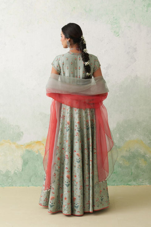Aqua dupion printed and embroidered anarkali set