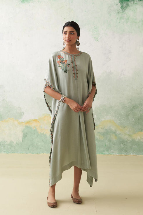 Aqua modal satin colorful iris petal embroidered kaftan