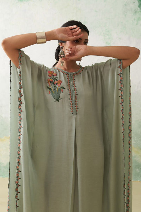 Aqua modal satin colorful iris petal embroidered kaftan