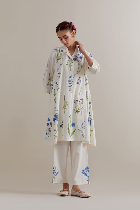 Aranya blue and green printed A-line short kurta set