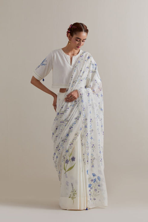 Aranya blue and green printed chanderi sari set