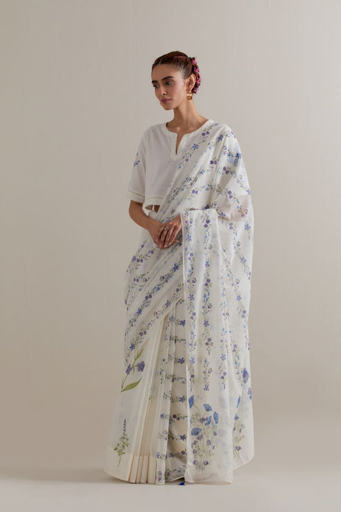 Aranya blue and green printed chanderi sari set