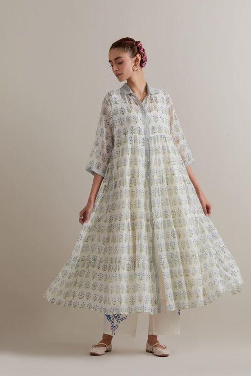Aranya blue and green printed multi-tiered kurta set