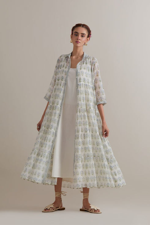 Aranya blue and green printed multi-tiered kurta set
